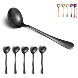 Black Soup Spoons, Kyraton 6-Piece Stainless Steel Round Spoon with Black Titanium Coating, Black Tablespoon, Spoon Cutlery Dishwasher Safe 6