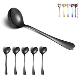 Black Soup Spoons, Kyraton 6-Piece Stainless Steel Round Spoon with Black Titanium Coating, Black Tablespoon, Spoon Cutlery Dishwasher Safe 6