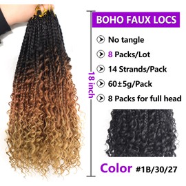 8 Packs Goddess Box Braids Crochet Hair With Curly Ends Pre Looped Bohomian Boho Crochet Braids Synthetic Braiding Hair Extensions For Women (1B/30/27, 18inch)