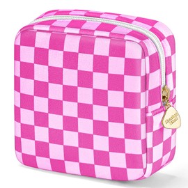 Desing Wish 5.1'' x 5.1'' Small Makeup Bag for Purse Flocked Material Mini Travel Makeup Bag with Two Inner Pockets Portable Cute Cosmetic Bags for Women (Rose-Pink Checker)