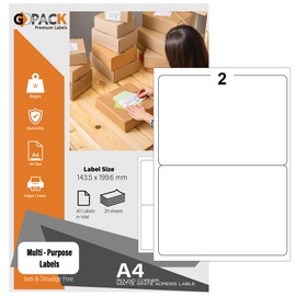10 Sheets - 2 Stickers Per Sheet, A4 White Sticky Label, Address Label 143,5 x 199,6 mm, Printable Sticker Paper Compatible with Inkjet & Laser Printers, Quick Dry