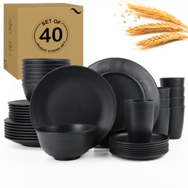 40-Piece Plastic Plates and Bowls Sets,Wheat Straw Dinnerware Set,Service for 8,Dinner Plates,Dessert Plate,Cereal Bowls,Cups,Unbreakable Plastic Outdoor Camping Dishes,Kitchen Essentials,Matte Black