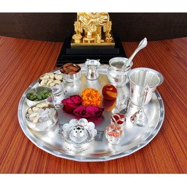 GoldGiftIdeas 12 Inch Sarovar Silver Plated Pooja Thali Set for Gift, Pooja Thali Decorative Plate, Pooja Items for Home, Wedding Gift