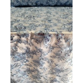 Divastyletextiles Sky Blue Lace Butterflies Sequin on Mesh Fabric Sold by the Yard Gown Quinceañer