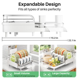 SAYZH Dish Drying Rack - Expandable Dish Rack for Kitchen Counter, Rust-Resistant Dish Drainer with Utensil Holder and Raised Guardrail, Kitchen Organizer for Cup and Bottle (White)