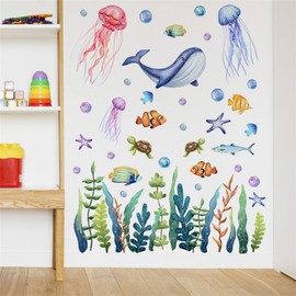 WOHAHA Wall Sticker, Sea, Animals, Undersea World, Whales, Jellyfish, Aquatic Plants, Sea Turtles, Fish, Waterproof, Removable, Wall Sticker, Children's Room, Bathroom, Toilet Wall Sticker, Stylish,