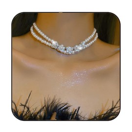JEAIRTS Pearl Choker Necklaces Silver Sparkly Crystal Chokers Layered Flower Rhinestone Necklace Vintage Party Prom Pearl Necklace Chain Jewelry for Women
