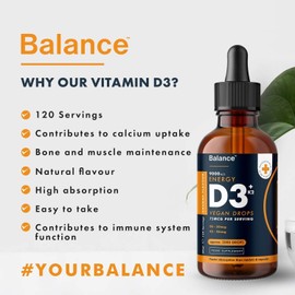 Vitamin D3 + K2 Liquid Drops - Vegan - High Strength 2000iu D3 + 25mcg K2-2 Month Supply - 120 Servings - 9,000mcg 60ml Dropper Bottle - Sublingual Fast Absorption - Made in UK by Balance (2X Pack)