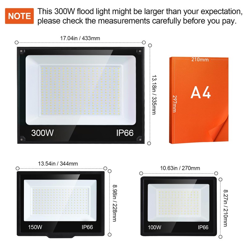 300W LED Flood Light, 36000LM Floodlight with Plug,IP66 Waterproof Outdoor
