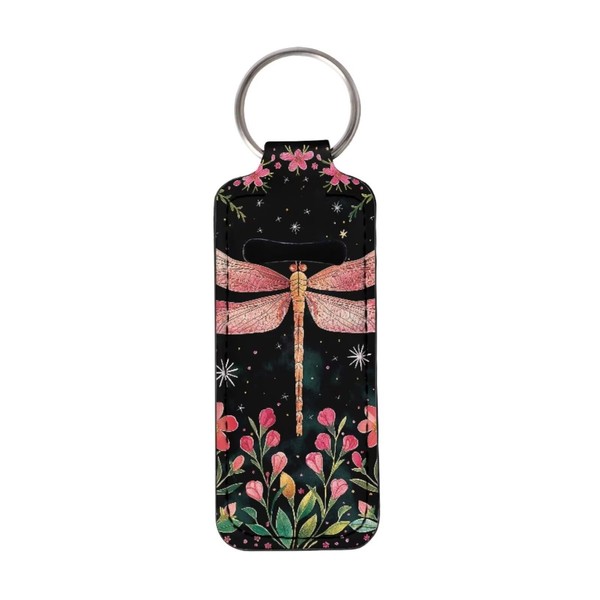 Xoenoiee Dragonfly Flower Print Lip Balm Holder Keychain Lipstick Keychain