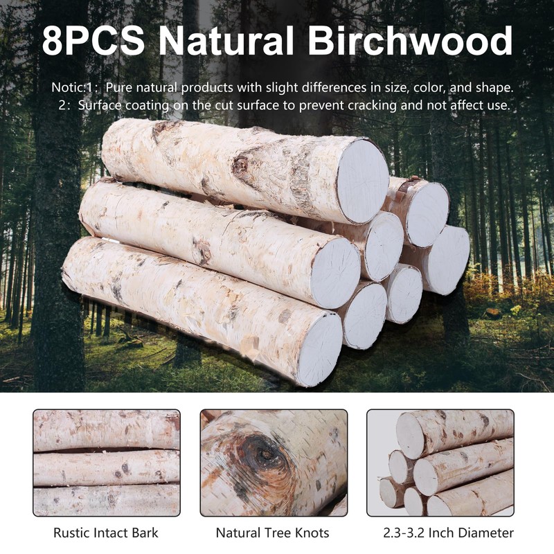 8 Pack Birch Logs for Fireplace Decor Crafts Versatile Unfinished