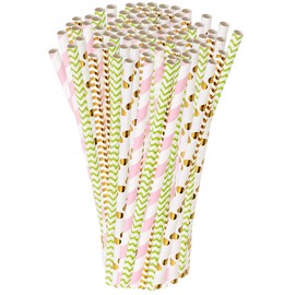 PEARL Disposable Straws: 400 Paper Straws, Retro Motifs in Gold, Green, Pink, 197 x 6 mm (Striped Paper Straws, Straw Drink, Drinking Bottle)