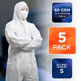 EZGOODZ White Hazmat Suits, Small. Pack of 5 Waterproof MPP Disposable Coveralls with Hood, Boots, Elastic Wrists, Zipper. Tear Resistant 60 GSM Unisex Painters Suit Disposable for Men and Women
