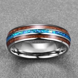 VAKKI Mens Tungsten Carbide Rings with Hawaiian Koa Wood Inlay Women 6mm Blue Opal Paper Inlay Wedding Engagement Bands Size Z+2