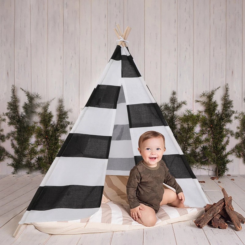 nic-473109 White Black Striped Kid Teepee Portable Canvas Tent Foldable