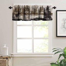 JanJCurt Retro Deer Valance, Foggy Forest Mountain Rustic Farmhouse Animal Deer Nature Woodland Lake Scenery Blackout Short Window Treatments for Living Room Bedroom Kitchen, 54x18inch