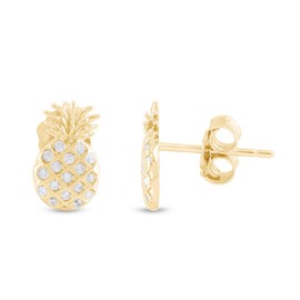 Round Sparkling White Cubic Zirconia Dainty Pineapple Stud Earrings 14k Yellow Gold Plated 925 Sterling Silver with push-backs