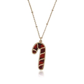 Holiday Christmas Necklace Collection for Women, Gold Silver & Pearl Coin Metal Plating, Multi Style & Design (Plaid Candy Cane - Gold)