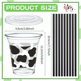 Umigy 100 Pack Plastic Disposable Cups with Lids and Straws 12 oz Disposable Cups for Juice Water Coffee Summer Party Sports Party Supplies(Cow Print)