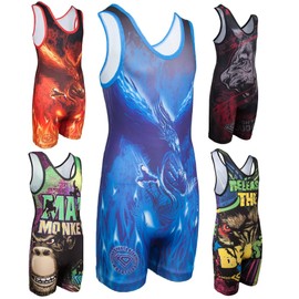 Wrestling Singlet por KO Deportes Gear: Azul Phoenix diseño, black orange yellow red gold