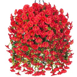 Artificial Hanging Flowers with Basket Outdoors Fake Flowers Plants,3 PCS Faux Red Silk Morning Glory Flower with Eucalyptus Leaves Realistic Greenery Vines for Wall Home Porch Patio Balcony Yard