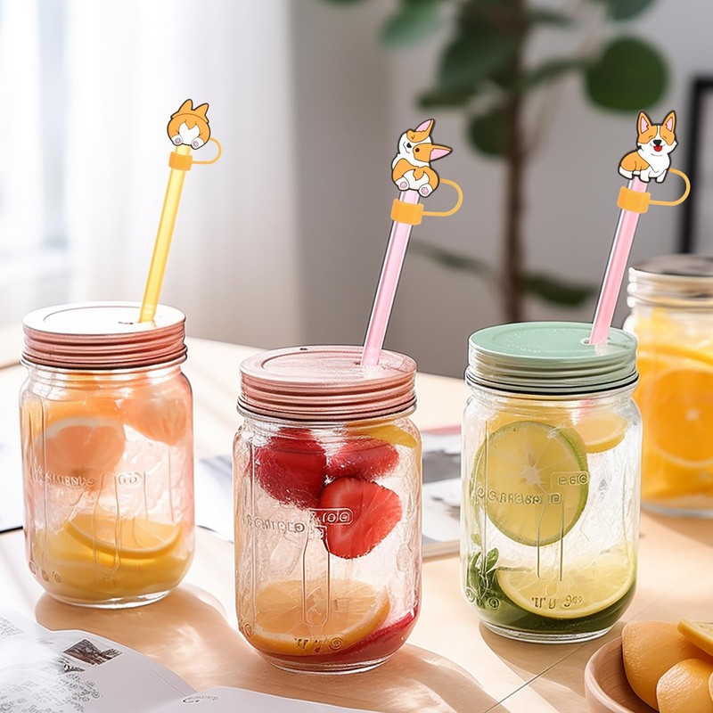 Whaline 4Pcs Corgi Straw Cover Cap Cute Dog Reusable Silicone
