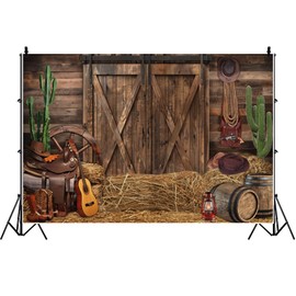 Laeacco Rustic Old Wooden Barn Door Backdrop Vintage West Cowboy Background Cactus Wine Barrel Haystack Western Theme Music Birthday Party Decoration Supplies Wedding Photo Studio Props 10x8ft