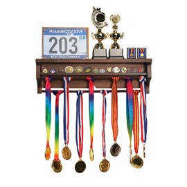 PKHROR Medal Hanger Display Solid Wood, Medal Holder Display Wall Mounted, Trophy Shelf for Gymnastics, Soccer, Basketball, Football and Other Sports with Bib Board for Marathon Race, Walnut