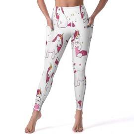 Xmkltbz Soft Stretchy Yoga Pants, Women High Waist Tummy Control Leggings Long Workout Athletic Tights with Pockets (2XL) Print Pink White Magical Unicorns with Yellow Stars Pink Heart on White