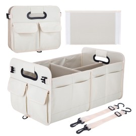 titiyiof Car Trunk Organizer Storage for SUV Car Organizers Accessories Adjustable Straps with 9 Pockets Collapsible Waterproof 66L Oxford Trunk Organizer for Women/Men Beige