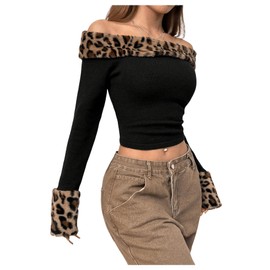 Floerns Women's Leopard Print Plush Off Shoulder Crop Sweater Long Sleeve Y2K Pullover Top Black Small