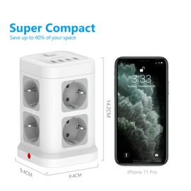 Steckdosenleiste USB 3680W 16A,JSVER 8 Fach Steckdosenleiste mit 4 USB Mehrfachsteckdose USB (5 V/3,4 A,17W) Steckdosenturm mit Schalter Steckerleiste mit 2m Kabel-Weiß