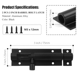 Bivethoi 2 PCS 3 Inch Barrel Bolt Latch Black Door Latch Hardware, Small Slide Latch Lock Heavy Duty Security Bolt, Aluminum Alloy Gate Slide Lock Latch Mini Warehouse Garage Door Latch (1.3mm Thick)