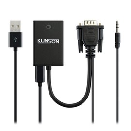 KUNSON VGA to HDMI Audio USB Conversion Cable, Slim Design, No Power Adapter Required, Supports Plug and Play, Suitable for Most Electronic Devices