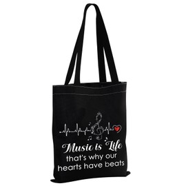 MBMSO Music Canvas Tote Bag Music Lover Bag Music Teacher Musician Gift Music Is Life That’s Why Our Hearts Have Beats Bag, Music Beats Tb-black, Medium
