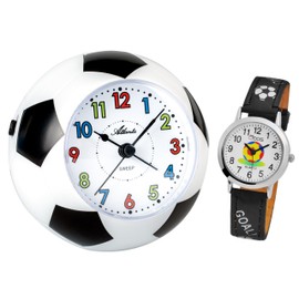 Atlanta Kinderwecker ohne Ticken Fußball WM + Kinderarmbanduhr - 1199 KAU (Schwarze Armbanduhr)