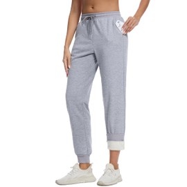 MAGCOMSEN Sherpa Pants Womens Fleece Lined Sweatpants Winter Thick Thermal Joggers for Lounge Outdoor Light Grey XL
