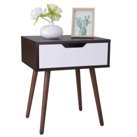 SUPER DEAL Wooden Side End Table with Drawer - Mid-Century Nightstand with Sliding Drawer and Smiley Handle for Small Space, Living Room, Bedroom