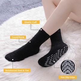 FNOVCO Non Slip Socks for Women Winter Warm Cozy Fuzzy Slipper Socks Soft Fluffy Hospital Socks with Grips (6 Pairs Black Blue Grey)