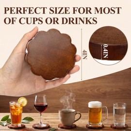 RimCereal 6 Pcs Scalloped Wooden Coasters Natural Wood Color Round Stackable Drink Coasters for Coffee Table Home Bar Kitchen Decoration for Kinds of Cups Housewarming Gift (3.9 Inch,Classic)
