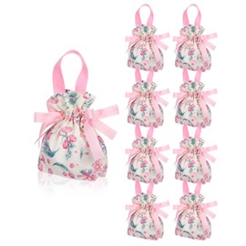 Liobelon 8 Pieces Floral Gift Bags with Handle, Flower Printed Tea Party Favor Bags with Drawstring, Canvas Small Candy Bags for Wedding Favors Bridal Shower Baby Shower Thank You Gifts (Pink)