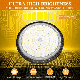 TREONYIA UFO LED High Bay Light, 200W 140LM/W 28,000LM CRI≥80 ETL&DLC Listed Commercial Bay Lighting - (800W HID/HPS Equivalent), UL 5’ Cable, Commercial Warehouse/Workshop/Wet Location Area Light