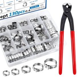 Seept 130Pcs 12-Sizes 304 Stainless Steel Single Ear Hose Clamps with Ear clamp plier 6-36.1mm Crimp Hose Clamps Assortment Kit for Auto/Home Appliance/Pipe/Fuel Line Stepless hose clamp with pincer