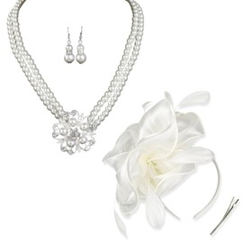 HSAJS Women's Bridal Feather Fascinator Hair Clip Hairpin Jewellery Set with Pearls Hair Band Flowers Net Headpiece Feather Hair Accessories Yarn Bridal Hair Accessories, No Gemstone