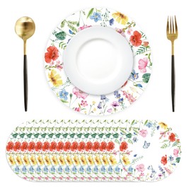 Paper Placemats Disposable 50 Pack Spring Flowers Place Mats 13.4 Inch Round Decorative Butterfly Wildflower Table Mats for Spring Birthday Bridal Wedding Party Supplies