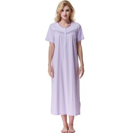 Keyocean Summer Women Nightgowns, Soft Comfortable 100% Cotton Short Sleeves Lightweight Ladies Nightgowns, Light Purple, Medium (M)