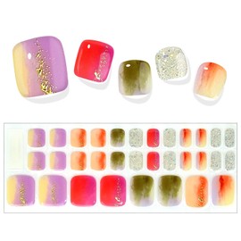 SILPECWEE Semi Cured Gel Nail Strips for Toes (Enchanting Rainbow - 32PCS), UV Light Required | Salon Quality | Long Lasting Toe Nail Stickers Gel Nails Wraps for Women Girl Manicure