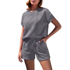 VINTATRE Women's 2 Piece Lounge Sets Short Sleeve Tracksuit Matching Sets 2025 Summer Fashion Tracksuit Iron Gray-L
