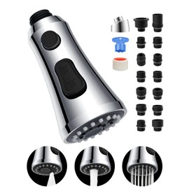 Universal Chrome Faucet Head Replacement with 15 Adapters Compatible with Moen Delta Faucet Head, 3 Function Pull Down Kitchen Sink Faucet Sprayer Head Fit Most Faucet