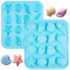 2 Stück Silikonform Meerestiere, 16 Löcher 3D Ozean Tier Silikonformen, Blau Silikonformen Muscheln Fondant Formen, Silikonformen mit Meeresmotiv für Süßigkeiten, Kuchendekoration, Schokolade, Gelee